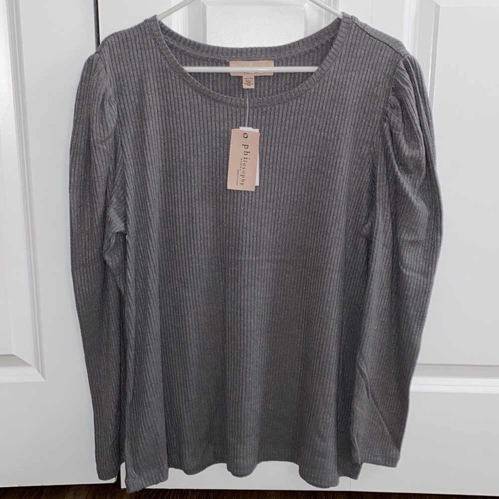 NWT Philosophy Ribbed Puff Shoulder Sweater in Grey - Picture 2 of 4